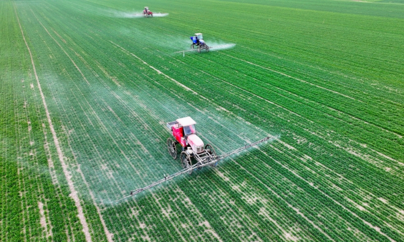 2024年2月18日，安徽省亳州市，利辛縣紀(jì)王場鄉(xiāng)孫老家村麥田，農(nóng)民駕駛自走式高桿噴霧機(jī)對小麥進(jìn)行噴藥作業(yè)。